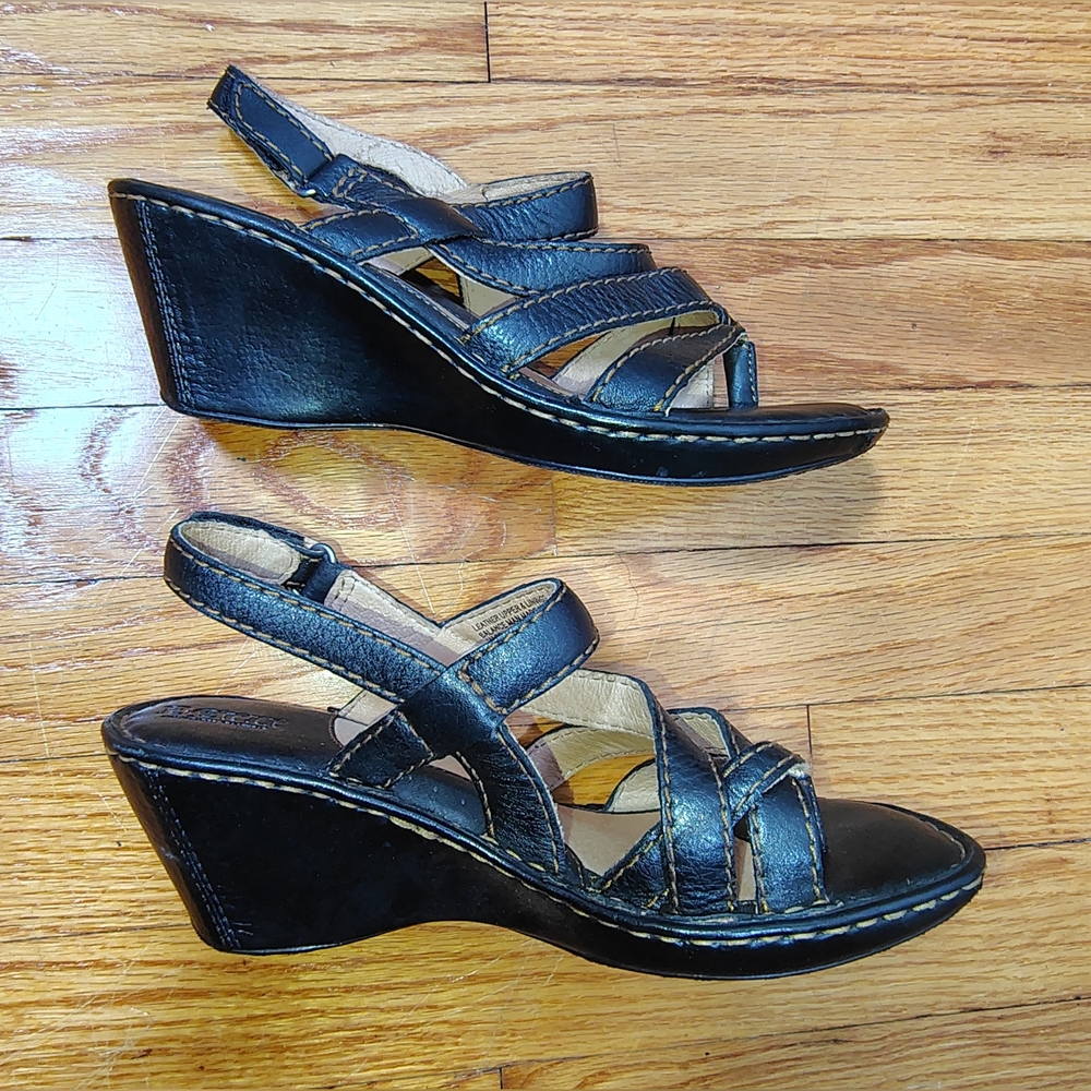 Born Leather Black Slingback Strappy Wedge Sandals Size 8